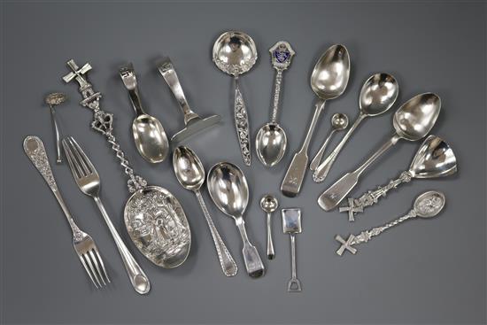 Assorted silver and plated flatware including caddy spoon and a Dutch white metal spoon.
